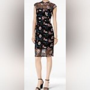 Donna Ricco Black Floral Embroidery Pencil-Sheath Illusion Dress. Sleeveless S:4
